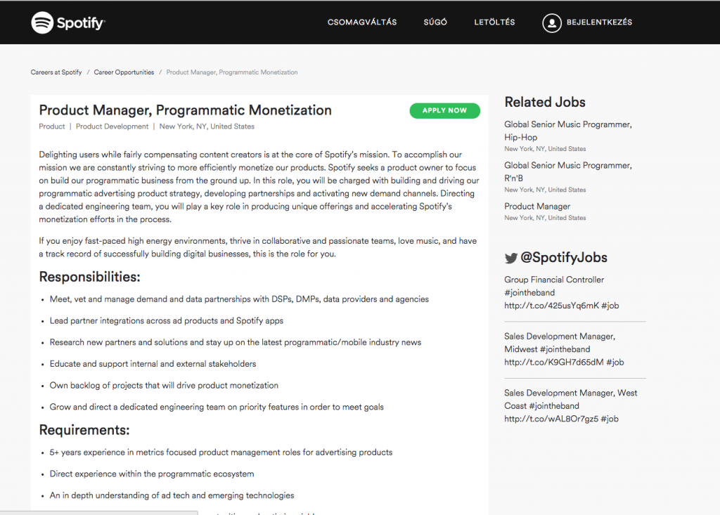 Spotify's recent recruitment ad for a programmatic product manager.
